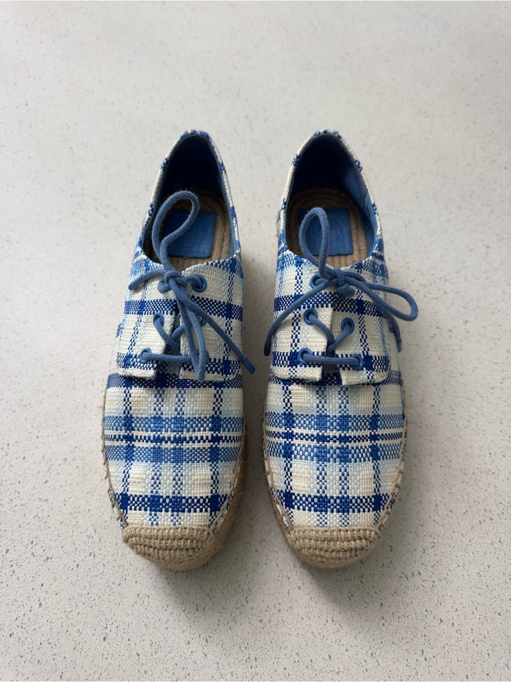 Tory Burch Florence Blue Plaid Platfrom Lace Up Espadrilles